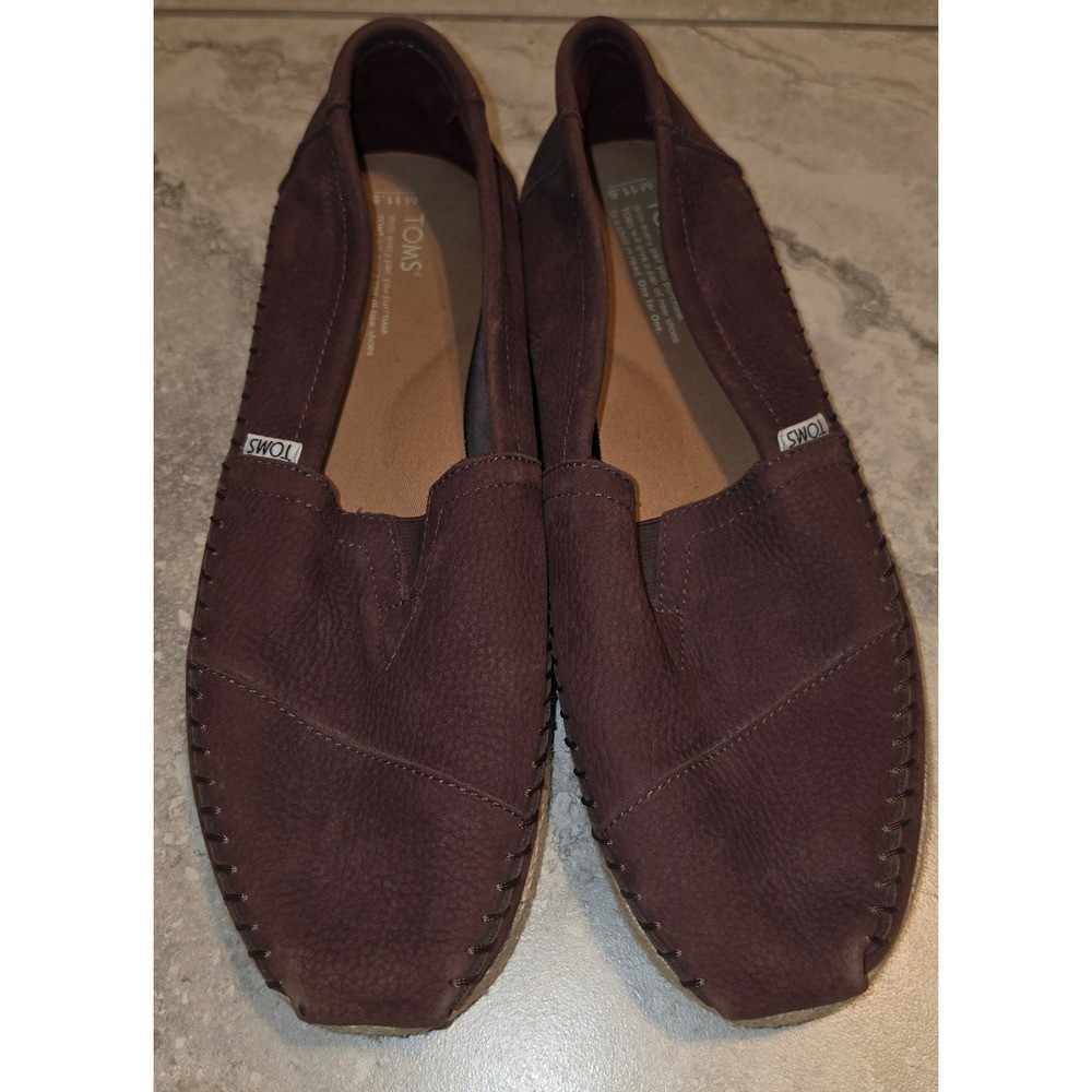 TOMS Mens Alpargata Burgundy Brown Leather Espadrille Slip On Loafers Sz 11.5